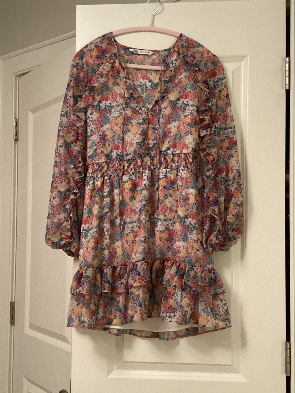 Zara Pink Multi Floral Ruffle Tiered Dress from Zara very comfortable & light